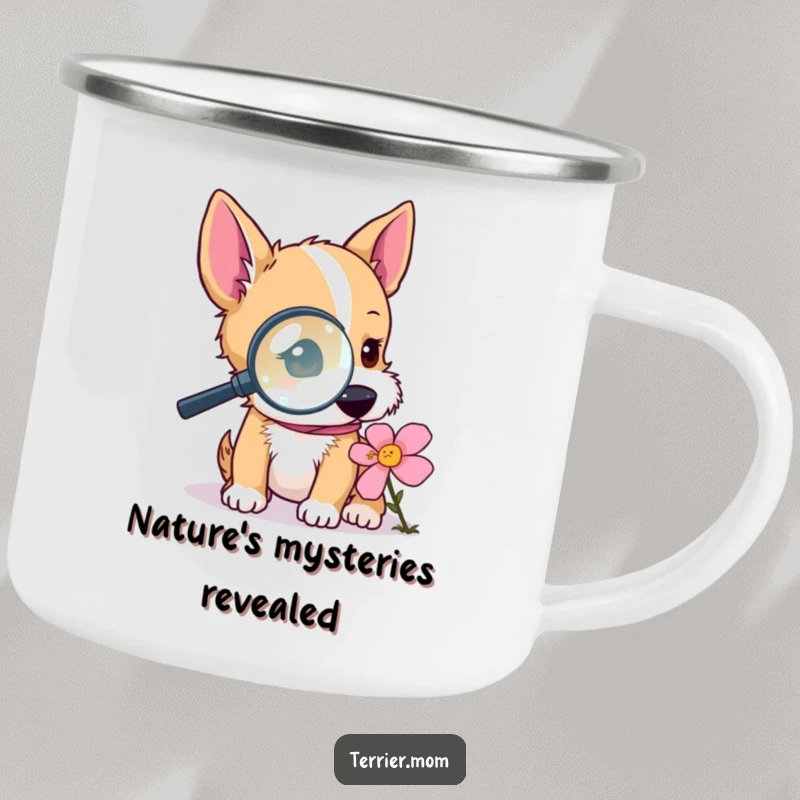 Funny terrier camping mug with a dog examining a flower with a magnifying glass, durable and humorous for outdoor exploration, a great funny gift.