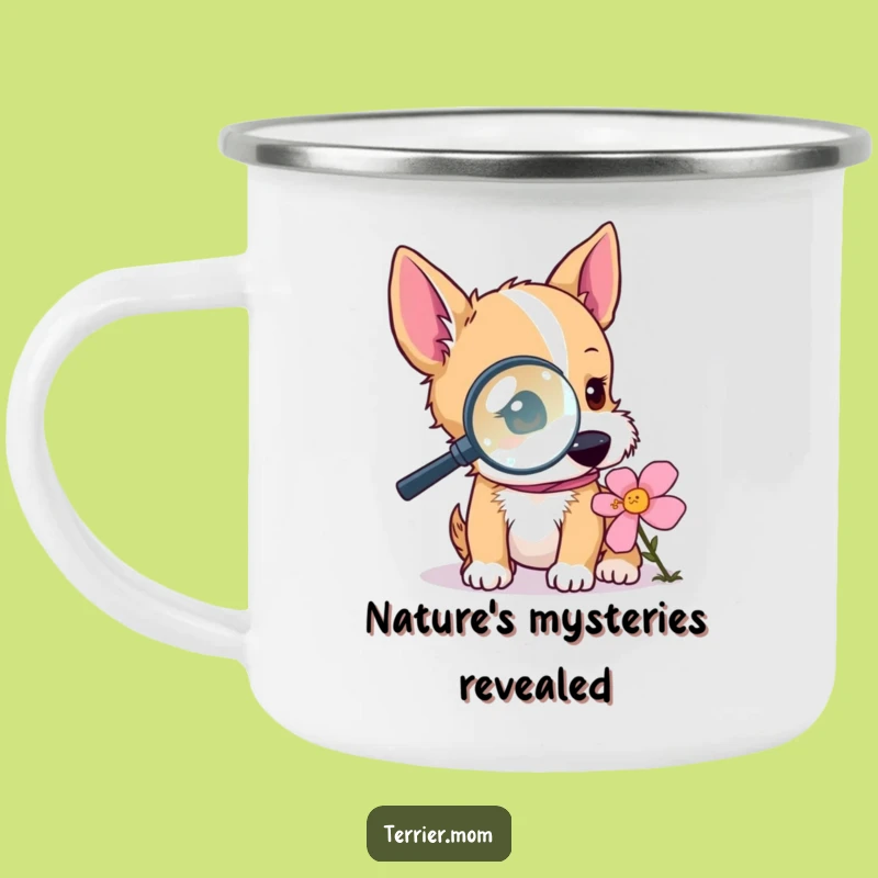 Adventure-Ready Funny Terrier Camping Mug: Explore with a Magnifying Glass!