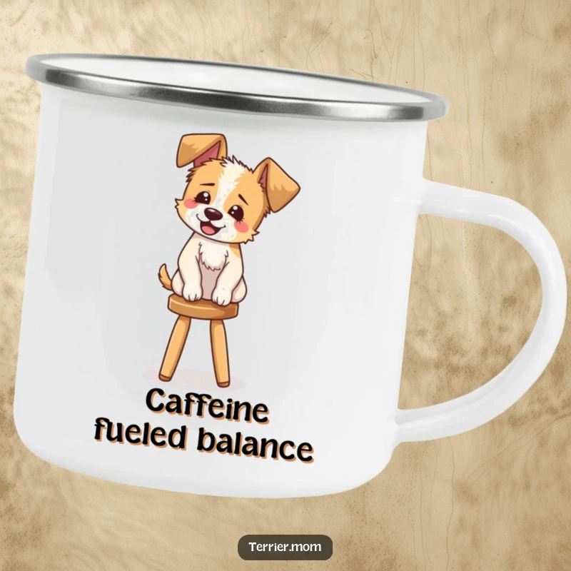 Funny Camping Mug: A durable enamel mug featuring a humorous illustration of a terrier giggling while balancing on a stool.