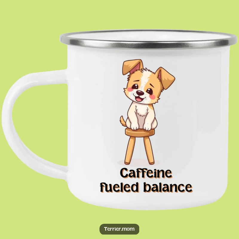 Funny Terrier Camping Mug: Enamel mug with a giggling dog balancing, great for outdoor funny gifts.
