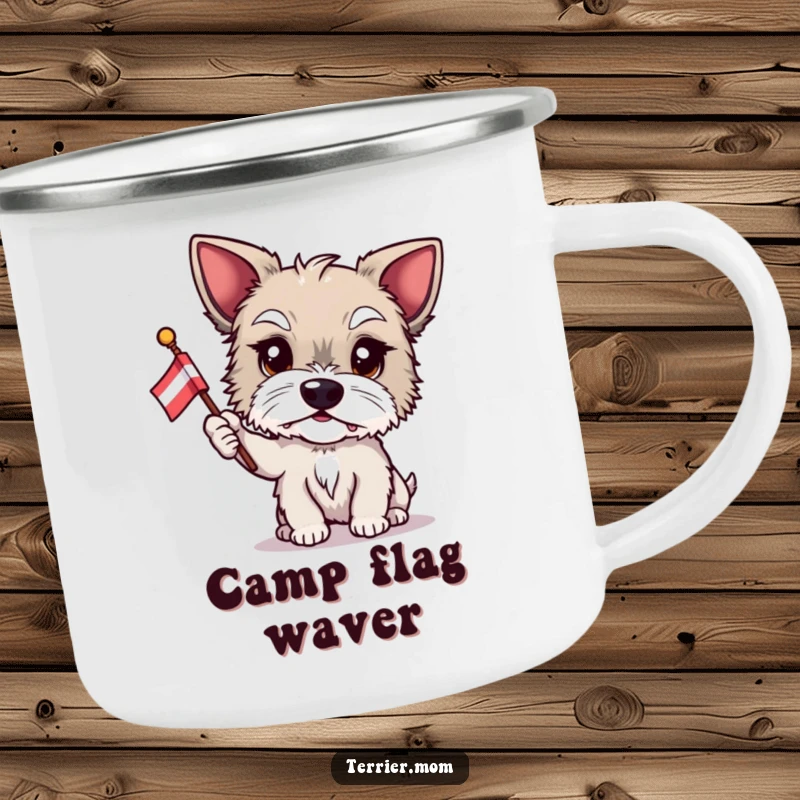 Funny Terrier camping mug, proud dog, flag waving, patriotic pet, humorous drinkware, outdoor gear, ideal funny gift.