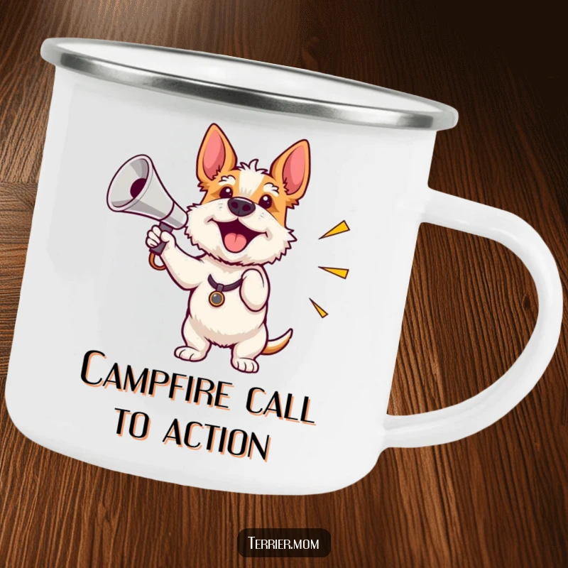 Funny camping mug with an enthusiastic terrier waving a miniature shiny megaphone, durable and humorous for outdoor rallies.