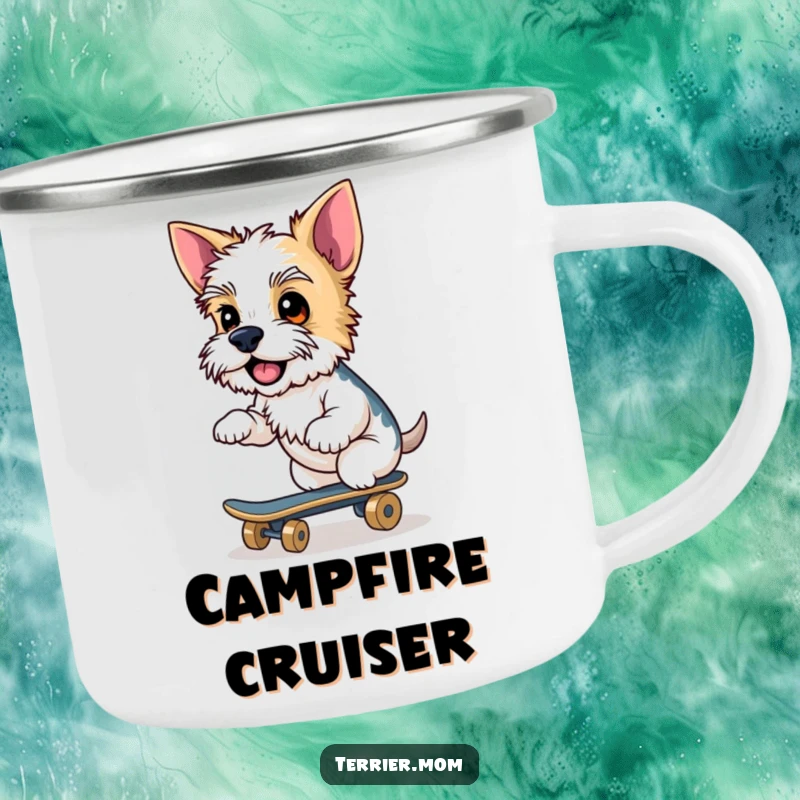 Funny Terrier camping mug, cheeky dog, riding skateboard, cool pet, humorous drinkware, outdoor gear, ideal funny gift.