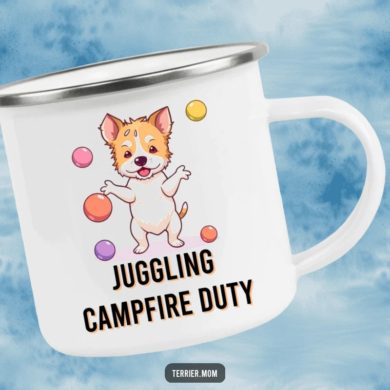 Funny terrier camping mug with a dog clumsily juggling bouncy balls, perfect for outdoor moments of failed attempts.