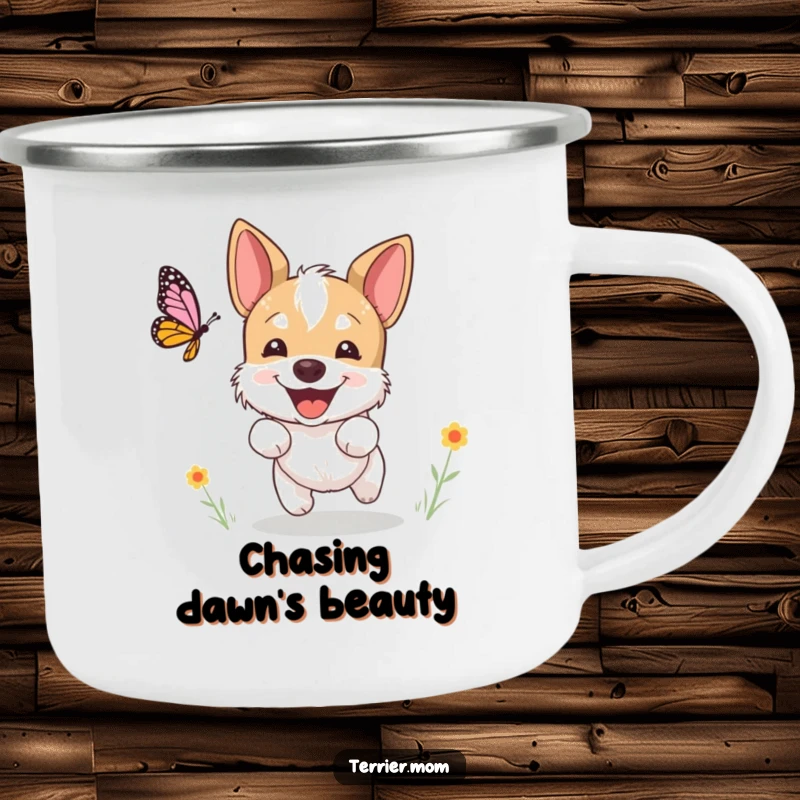 Funny terrier camping mug, a dog excitedly chasing a butterfly with a happy expression, ideal for outdoors and as a funny gift.