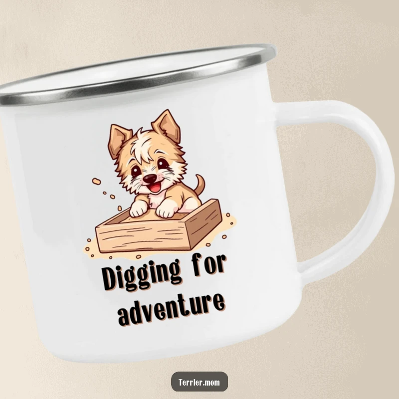 Funny Camping Mug with a terrier happily digging in a sandbox, dirt flying, perfect for outdoor lovers.