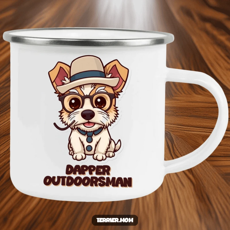 Funny dapper terrier camping mug with a dog in a monocle and top hat outdoors.