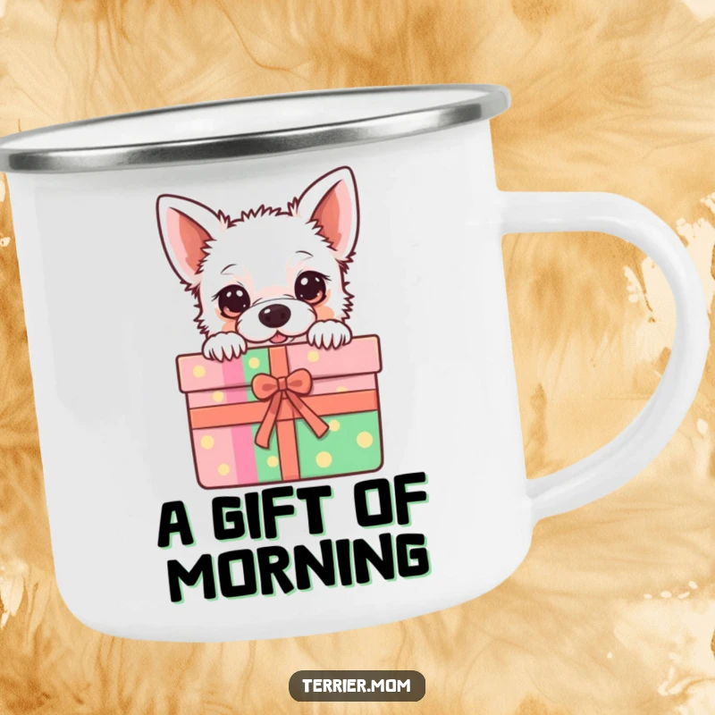 Funny Camping Mug with a kawaii terrier peeking from a colorful gift box, perfect for outdoor lovers.