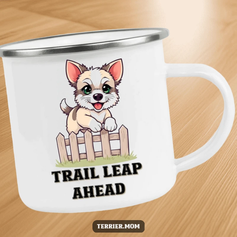 Funny leaping terrier camping mug with a dog jumping over a fence in an outdoor setting.