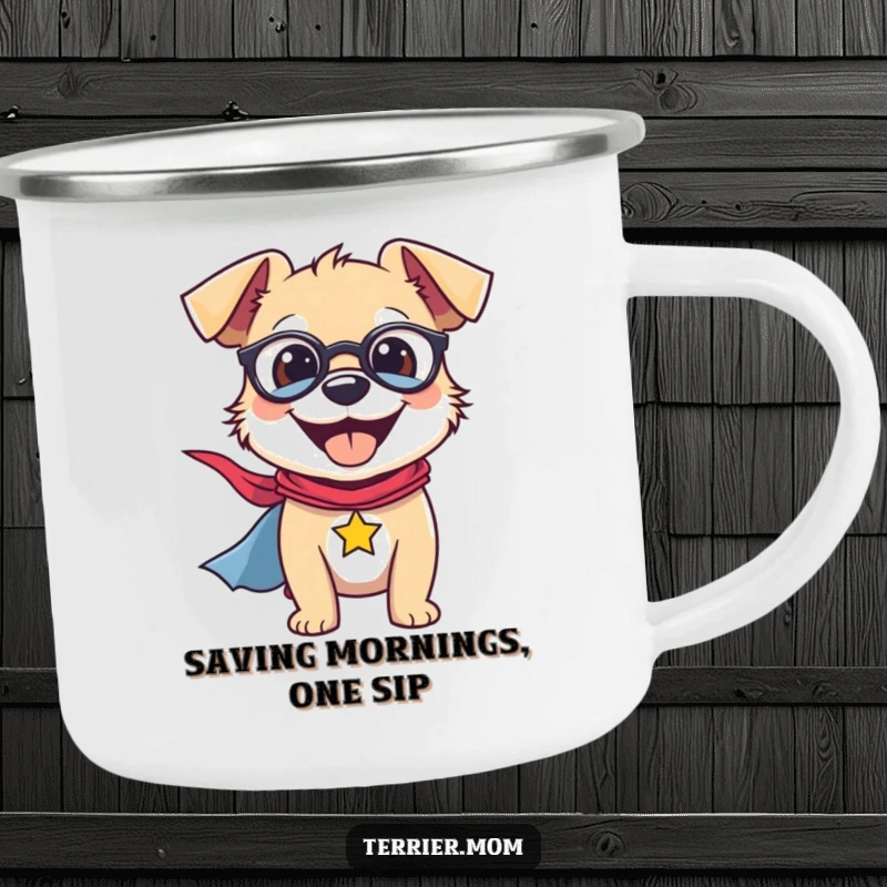 Funny Camping Mug with a smiling terrier wearing a superhero cape, built for outdoor adventures and heroic deeds.