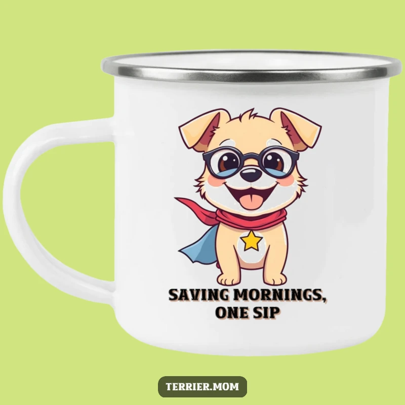 Durable Funny Terrier Camping Mug: Heroic Adventures, Outdoor Dog Gift