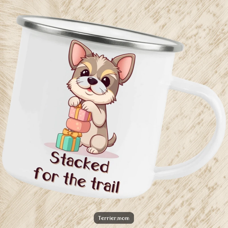 Funny terrier camping mug with a dog balancing a stack of gifts, perfect for outdoor enthusiasts who appreciate a challenge.