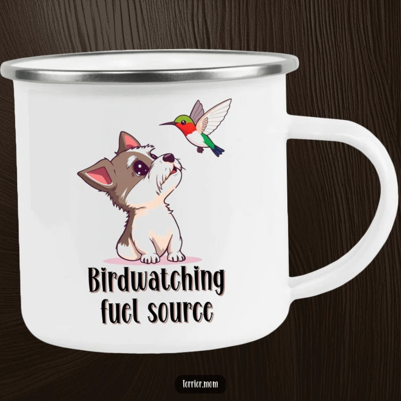 Funny camping mug with a surprised terrier looking up at a hovering hummingbird, durable and humorous for outdoor enthusiasts.