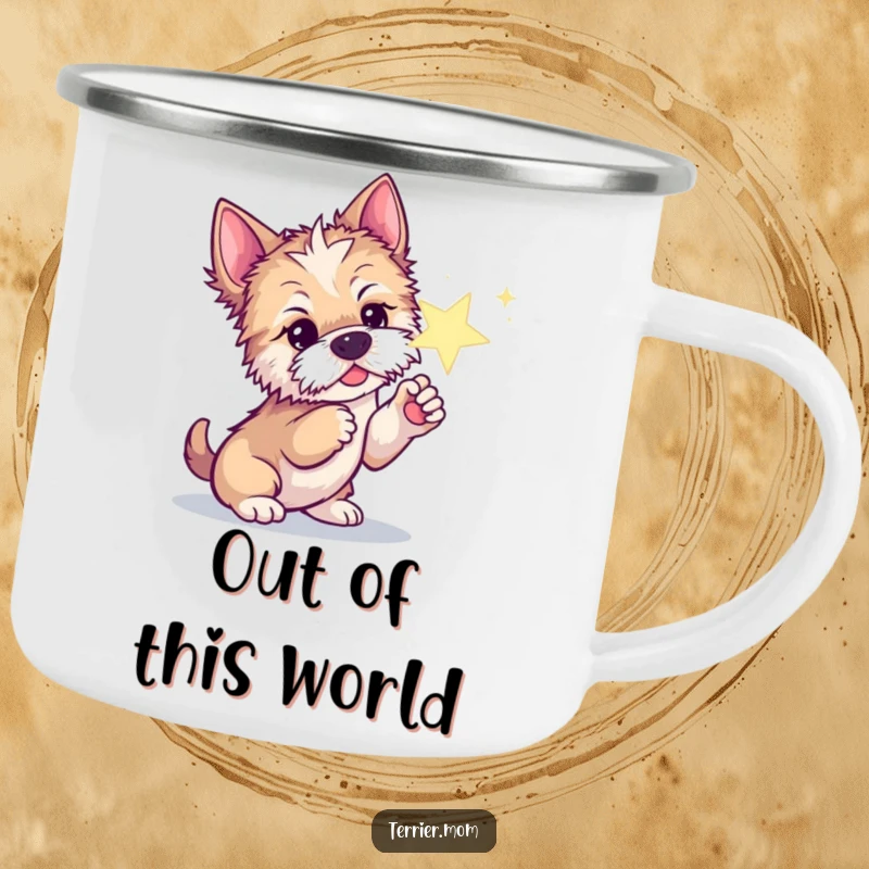 Funny camping mug featuring a curious Terrier dog reaching out to poke a sparkling star with its paw.