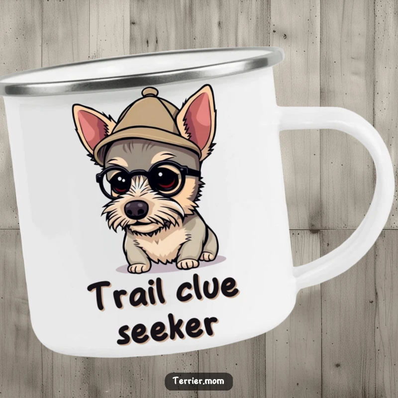 Funny detective terrier camping mug showing a dog in a tiny hat, peering closely, for enjoying drinks during outdoor escapades with a humorous touch.
