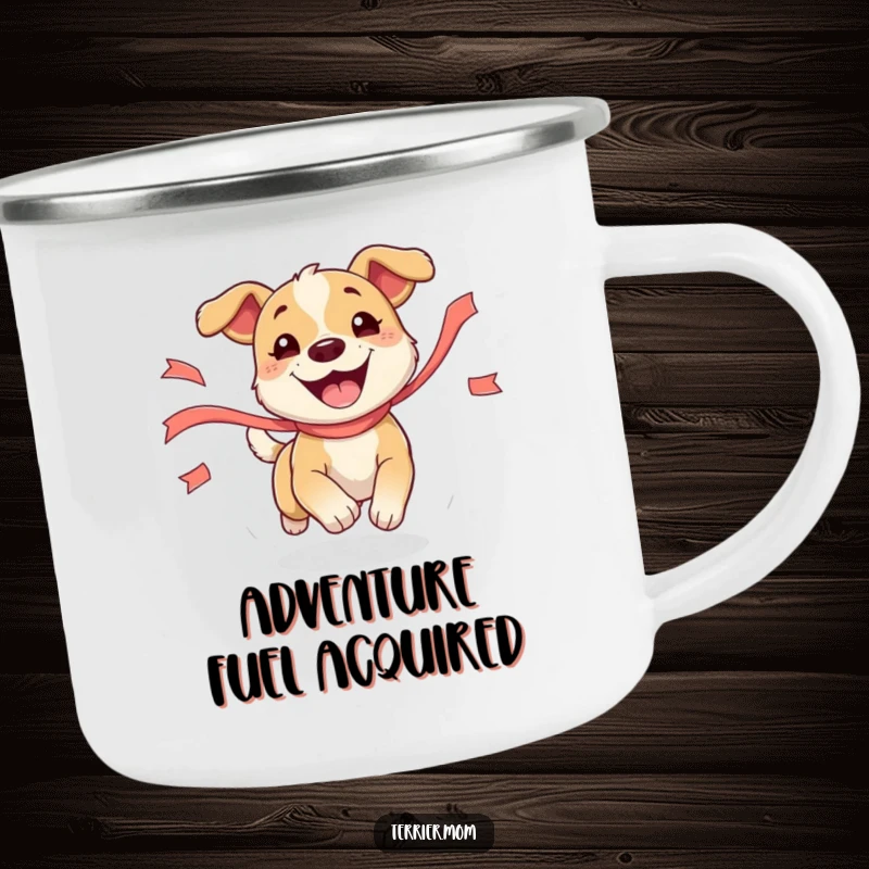Funny Dog Camping Mug depicting an energetic dog chasing a ribbon, perfect for outdoor use and humorous enjoyment.
