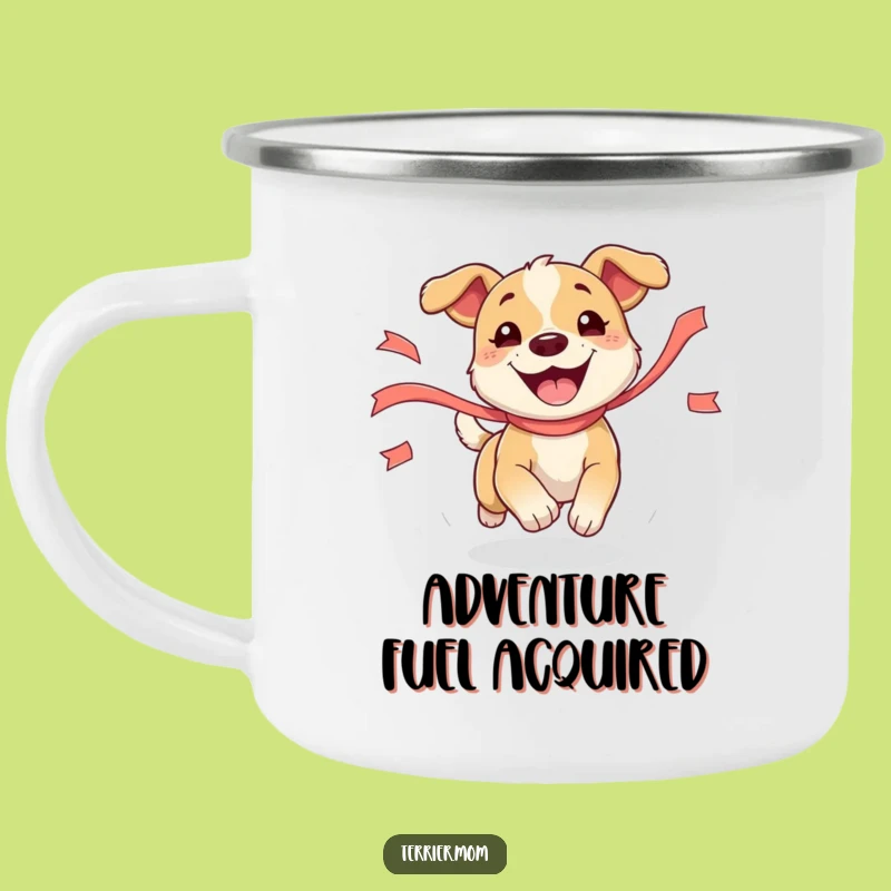 Funny Dog Camping Mug: Adventure Fuel with a Pup Chasing Ribbon