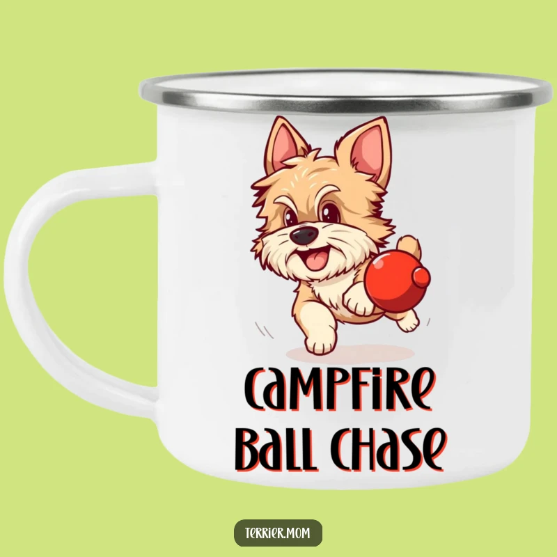 Funny Dog Camping Mug: Scruffy dog chases red ball, outdoor action, unique gift.