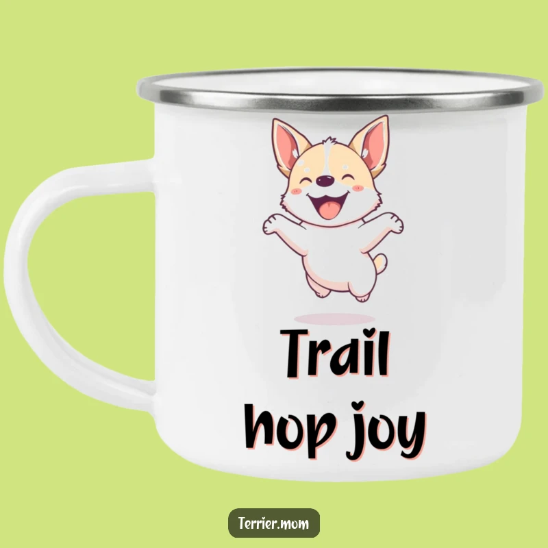 Funny Dog Camping Mug: Small energetic pup jumps joyfully, outdoor fun, unique gift.