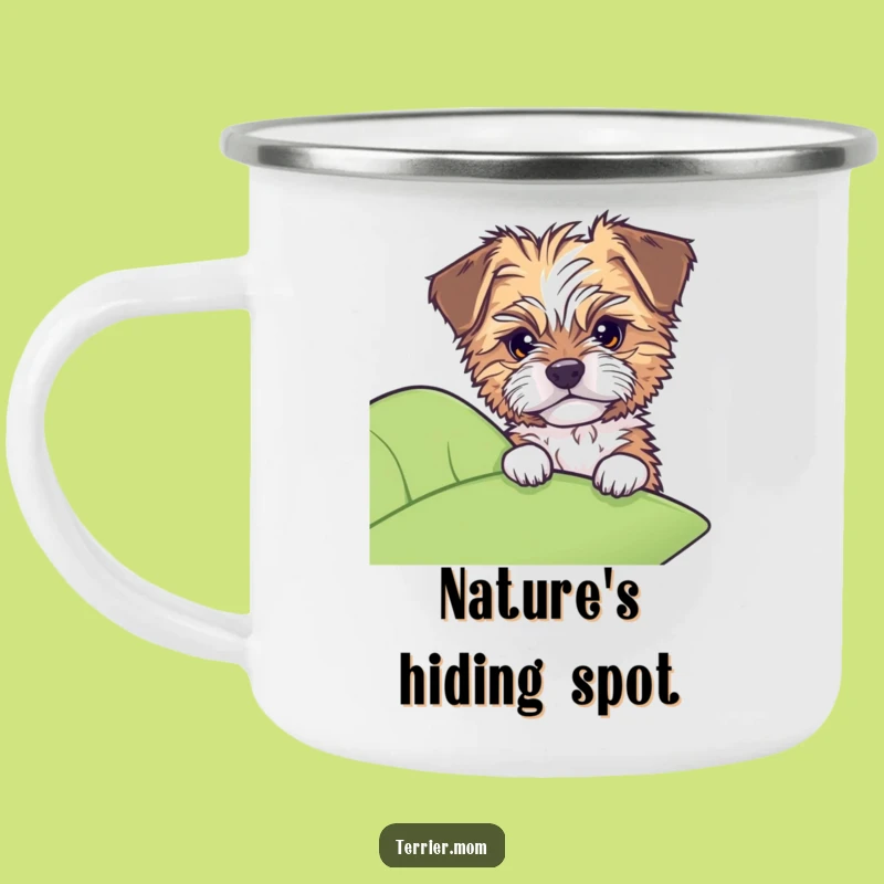 Funny Dog Camping Mug: Tousled pup peeks from leaf, outdoor intrigue, unique gift.