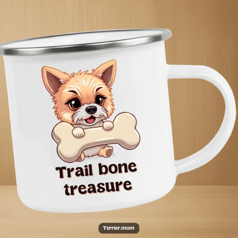 Funny enamel camping mug showcasing a mischievous terrier proudly holding a giant bone, ready for outdoor fun.