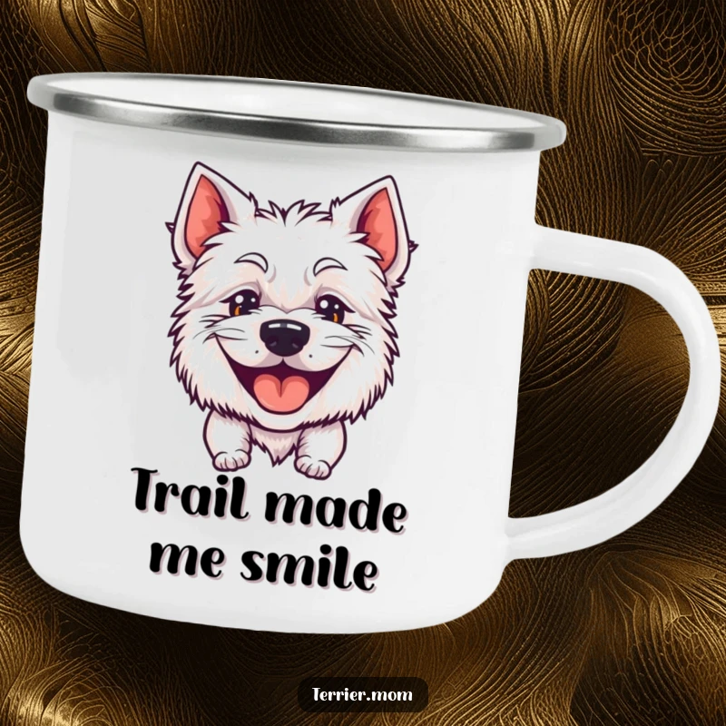 Funny camping mug featuring a happy terrier's big, goofy, panting grin, ideal for outdoor enjoyment.