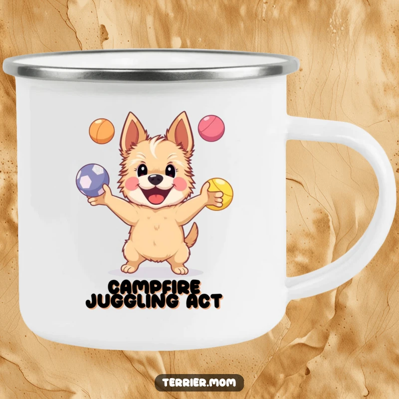 Funny Camping Mug with a happy Terrier dog juggling four bright bouncing balls, designed for outdoor enjoyment and a playful spirit.