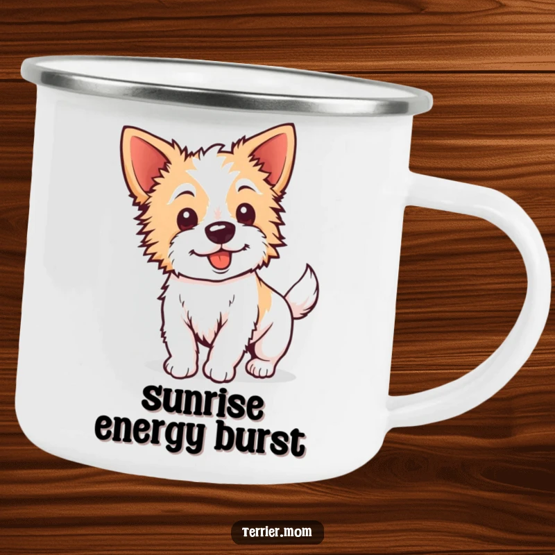 Funny Kawaii Terrier Camping Mug: A durable mug featuring an energetic dog with perky ears wagging its tail, perfect for outdoor trips.