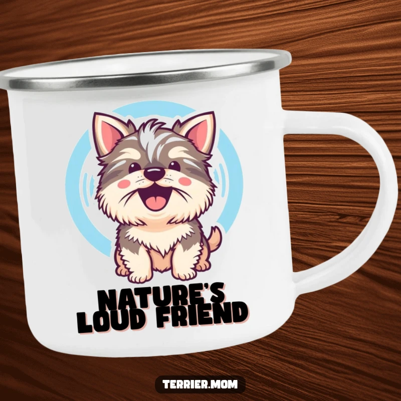 Funny Kawaii Terrier Dog Camping Mug showing a cute dog whose cheerful bark is visualized as a sound wave, rugged and loud.