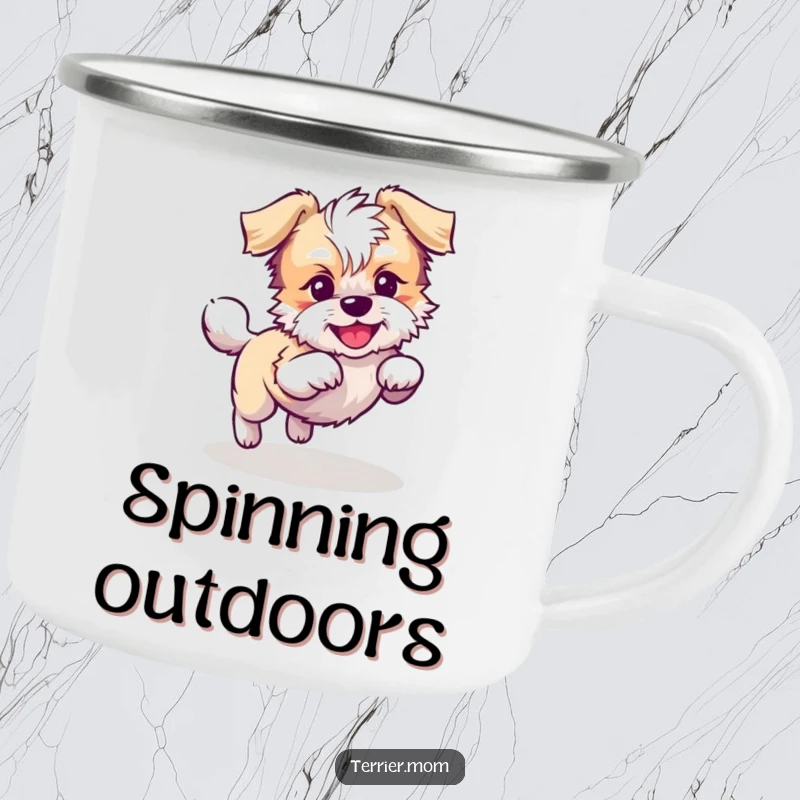 Funny Kawaii Terrier dog camping mug, rugged and portable, featuring a playful dog chasing its tail in circles, ideal for outdoor use.