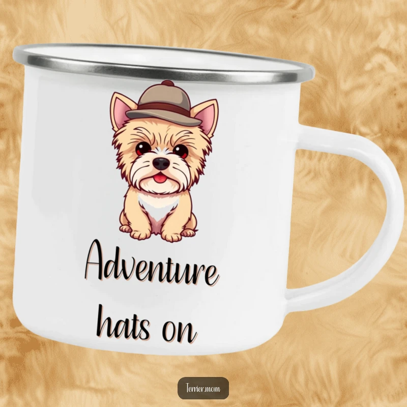 Funny Kawaii Terrier Dog Camping Mug showing a cute dog wearing a small, jaunty hat, rugged and stylish.
