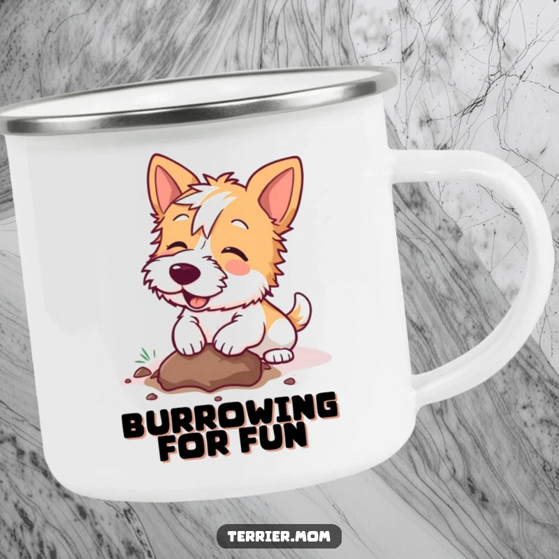 Funny Kawaii Terrier dog camping mug, rugged and portable, featuring a dog happily digging a hole, ideal for outdoor enthusiasts.