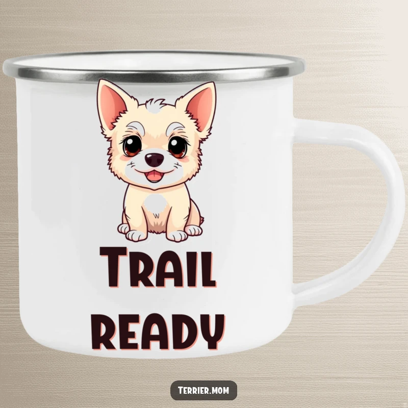 Funny Kawaii Terrier dog camping mug, durable and portable, featuring an alert, happy dog with pointy ears, ideal for outdoor use.