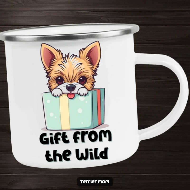 Funny camping mug featuring a mischievous Terrier dog peeking out of a gift box with a happy expression.