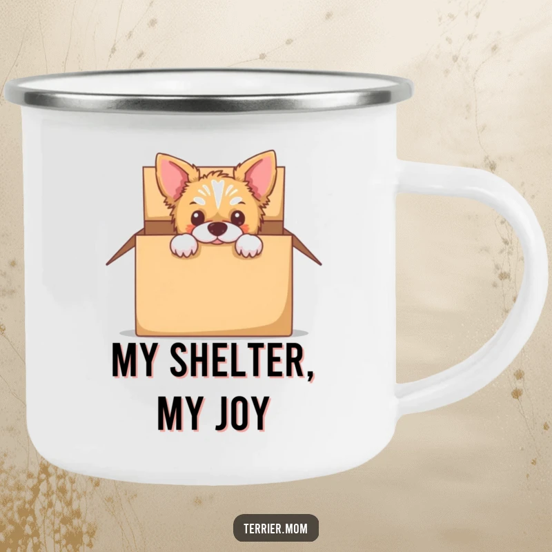 Funny camping mug depicting a terrier peeking out from a cardboard box, perfect for outdoor fun.