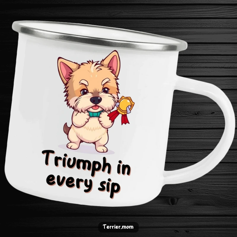 Funny terrier camping mug, a dog bowing dramatically under the stars, perfect for outdoor adventures and humorous moments around the campfire.
