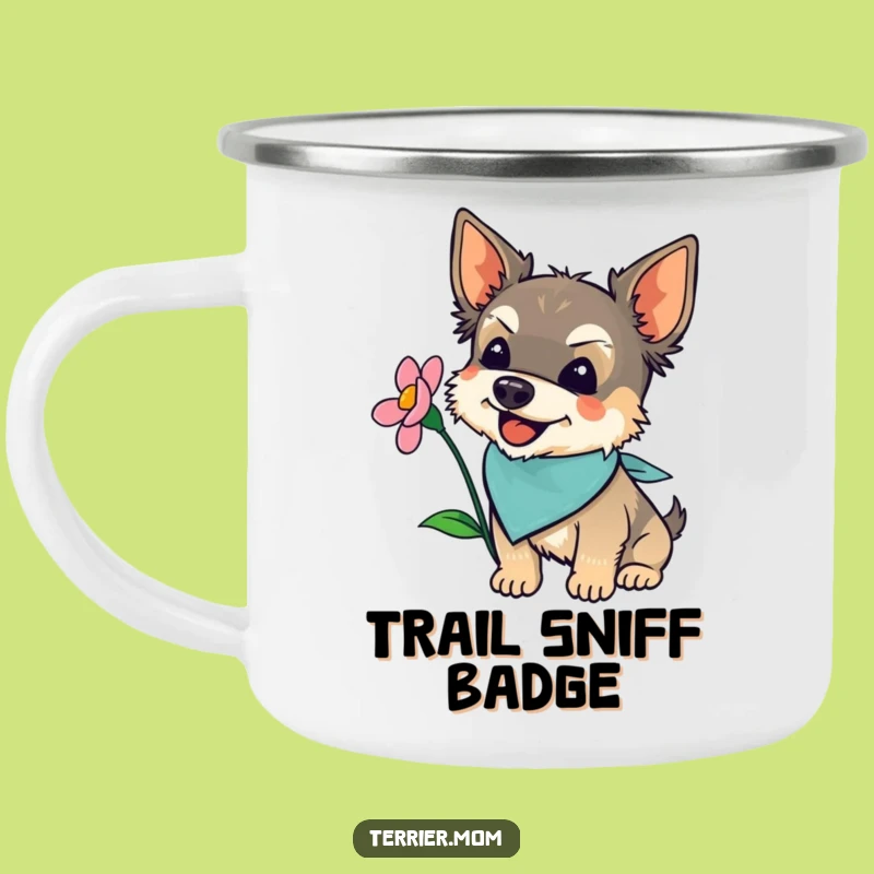 Funny Terrier Bandana Camping Mug: Flower Sniffing Dog Enamel Cup, Gift