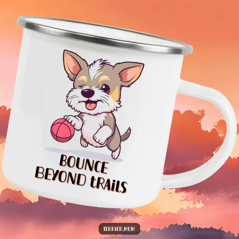 Funny Terrier camping mug, determined dog, bouncing ball, focused pet, humorous drinkware, outdoor gear, ideal funny gift.