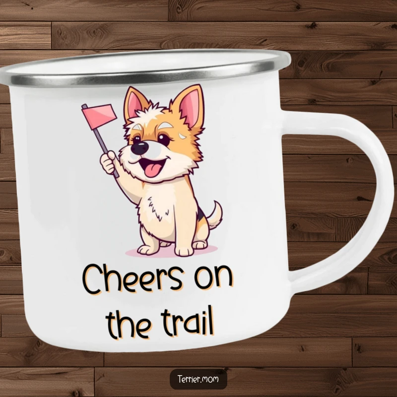 Funny camping mug featuring an energetic Terrier dog enthusiastically waving a small flag, ready for any outdoor escapade.