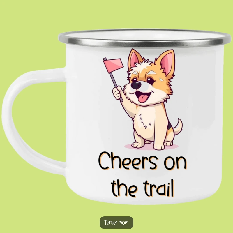 Funny Terrier Dog Camping Mug: Cheerful Flag Waving Outdoor Adventure Gift