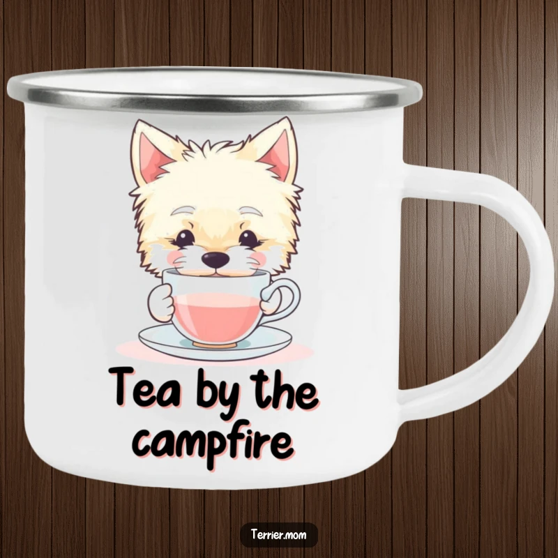 Funny camping mug featuring a tranquil Terrier dog gracefully sipping from a miniature teacup, perfect for serene outdoor enjoyment.