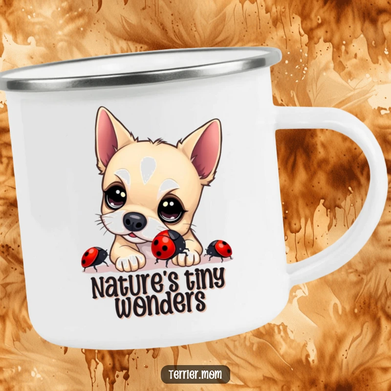 Funny Terrier Camping Mug: A durable enamel mug showing a curious terrier with bright eyes examining a shiny ladybug, ideal for outdoor use.