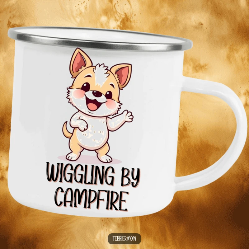 Funny camping mug depicting an energetic terrier doing a silly wiggle dance, perfect for outdoor fun.