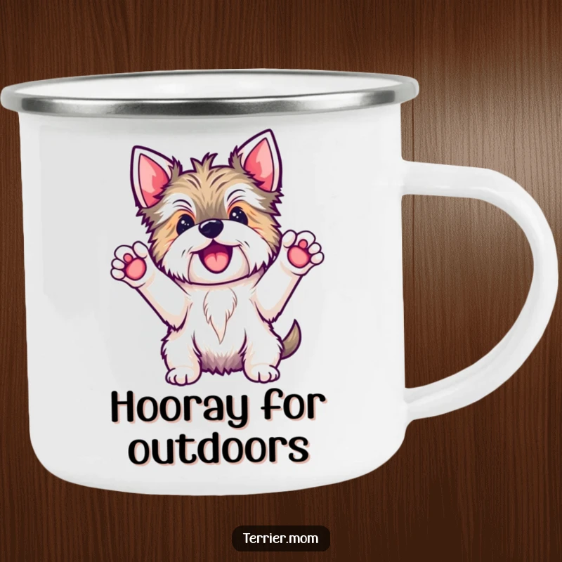 Funny Kawaii Terrier dog camping mug, showing the happy character with paws up in a hooray gesture, ready for outdoor cheers.