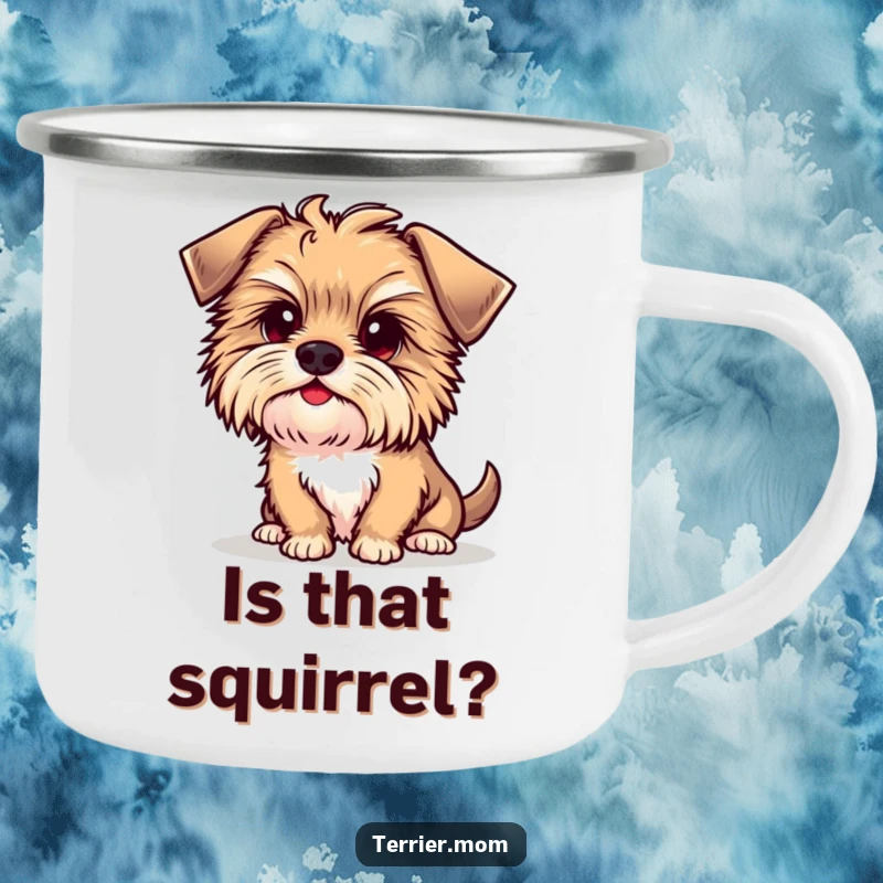 Funny Kawaii Terrier Dog Camping Mug, a durable mug for adventures, featuring a curious puppy.
