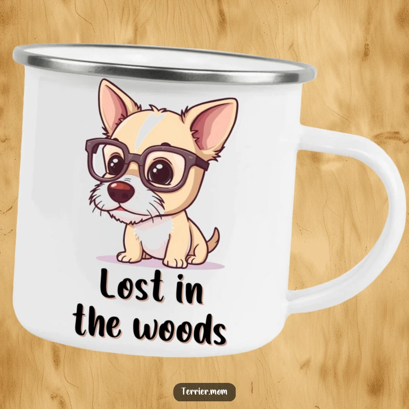 Funny terrier camping mug, a dog in glasses, curiously examining the natural world, perfect for outdoor contemplation and humor.