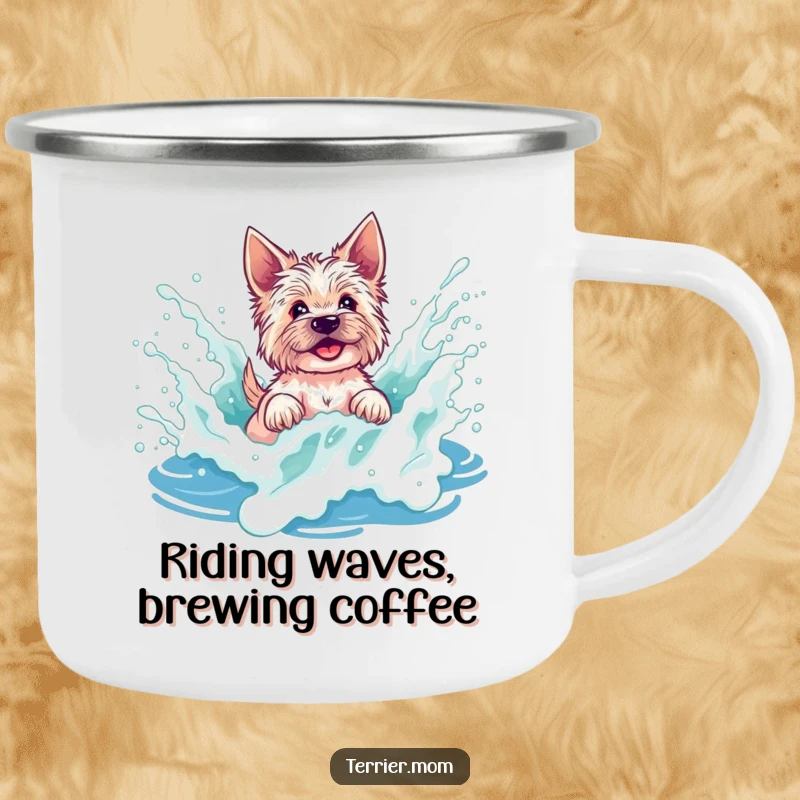 Funny terrier camping mug with a dog splashing in a foamy wave, perfect for beach lovers and coastal adventurers.
