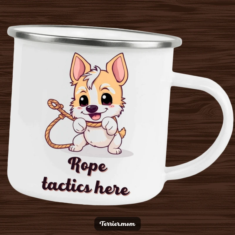 Funny tug-of-war terrier camping mug with a determined dog pulling on a rope outdoors.