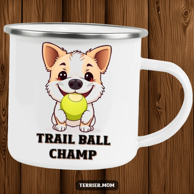 Funny terrier camping mug, a dog joyfully playing tennis ball with its nose, perfect for outdoor adventures and happy moments.