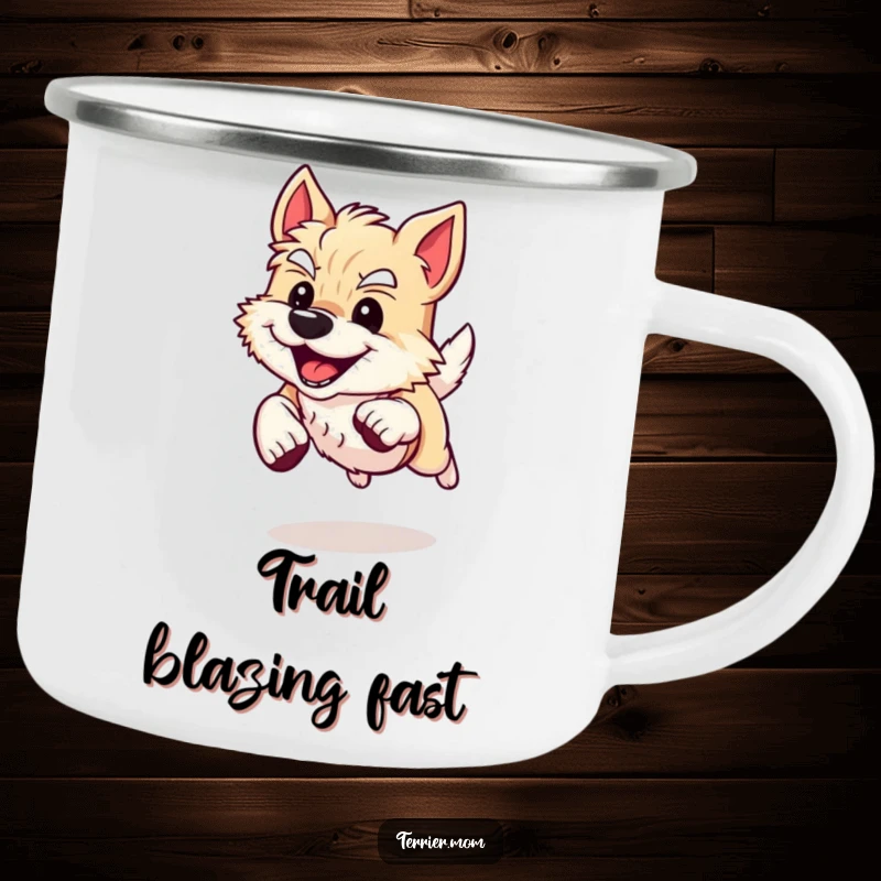 Funny Camping Mug with an energetic Terrier dog sprinting with a happy grin, designed for outdoor enthusiasts seeking fun.